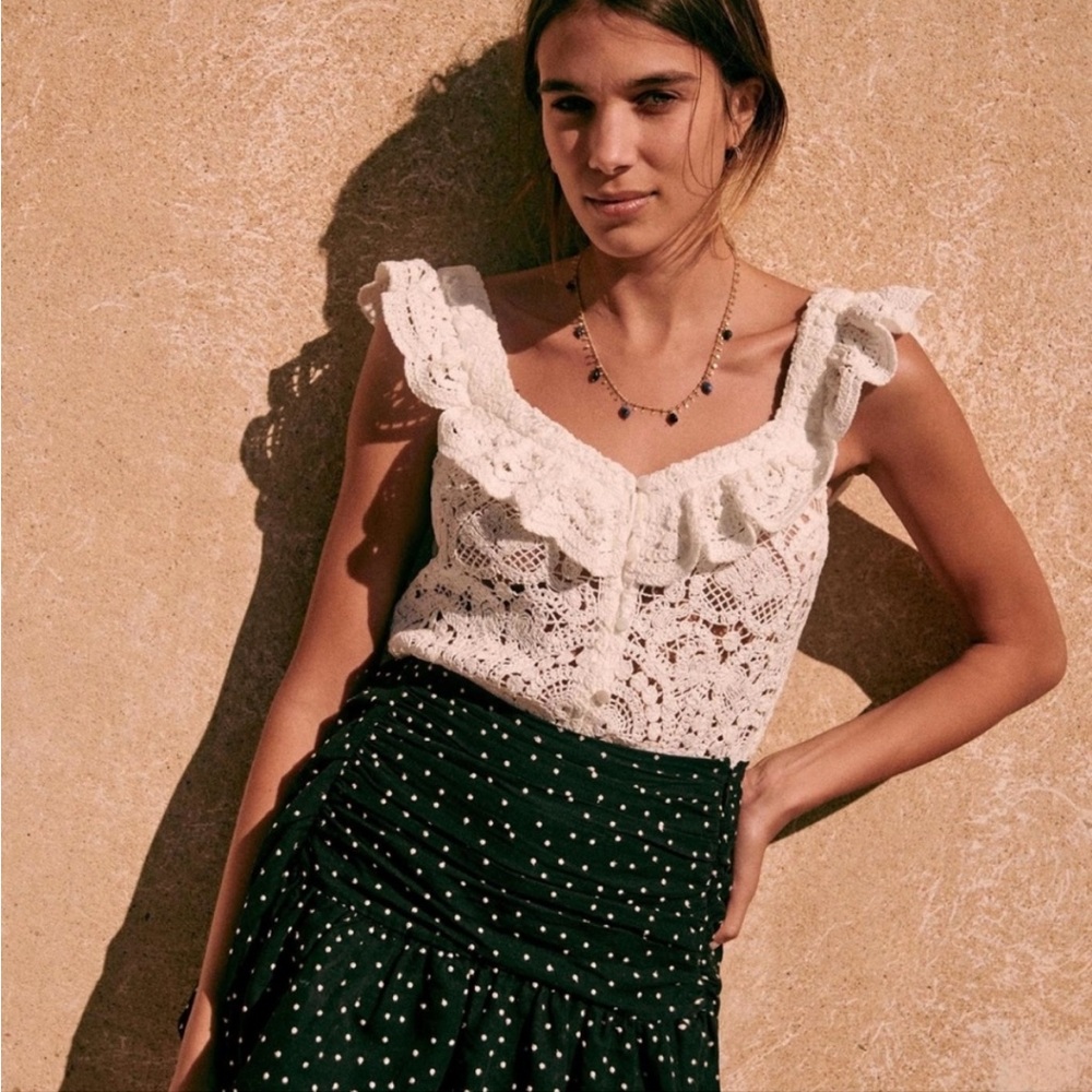 Sezane Cream Lace Ruffle Blouse